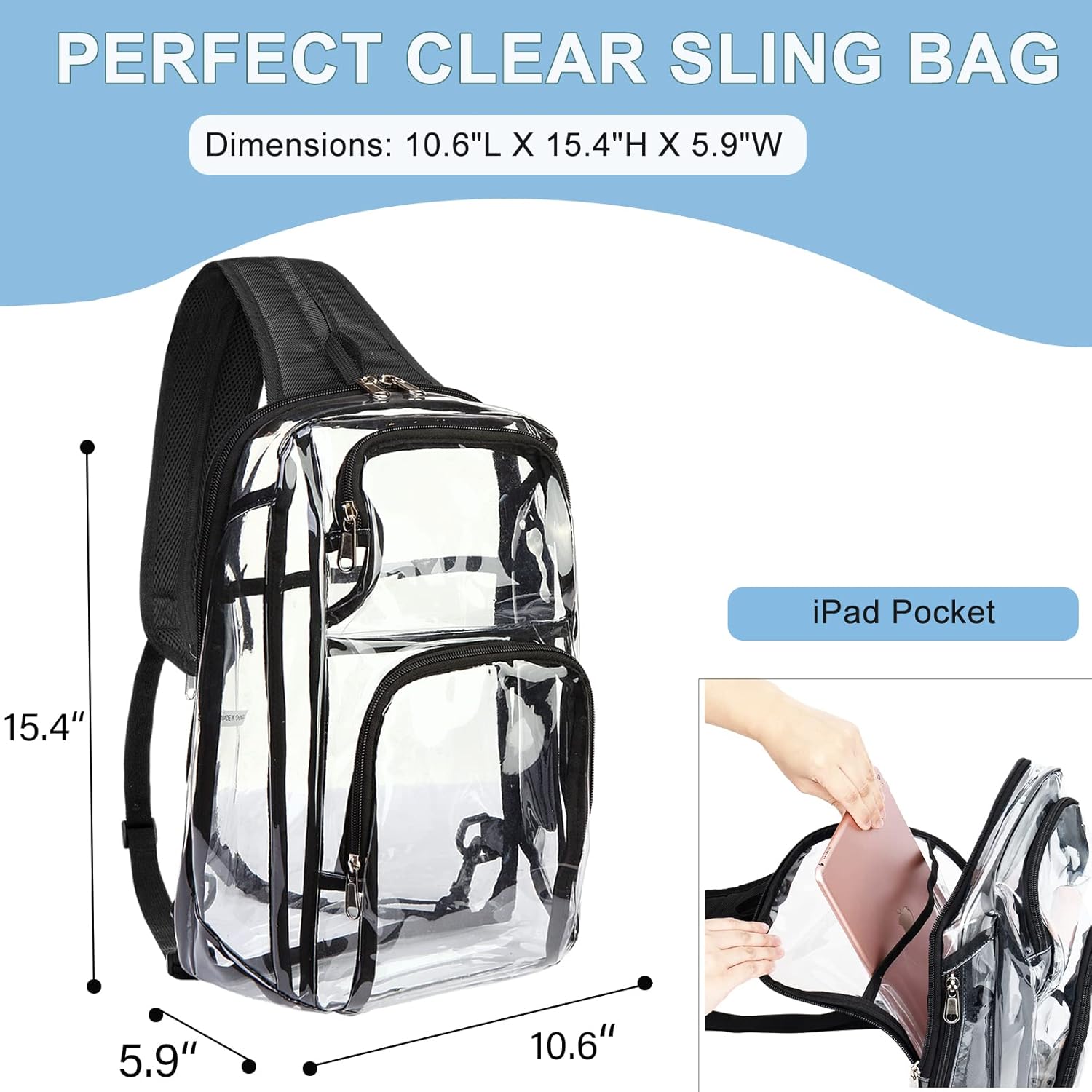 Clear Backpack Stadium Approved with Adjustable Reinforced Straps, 3 in 1 Clear Crossbody Bag for Festivals and Games (Plus size)-Black - Image 3