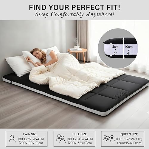 Miniatura 4 de Tiita Colchón japonés de suelo, colchón futón de 4 pulgadas de grosor con bolsa de almacenamiento y 2 correas, tapete de tatami para dormir tamaño