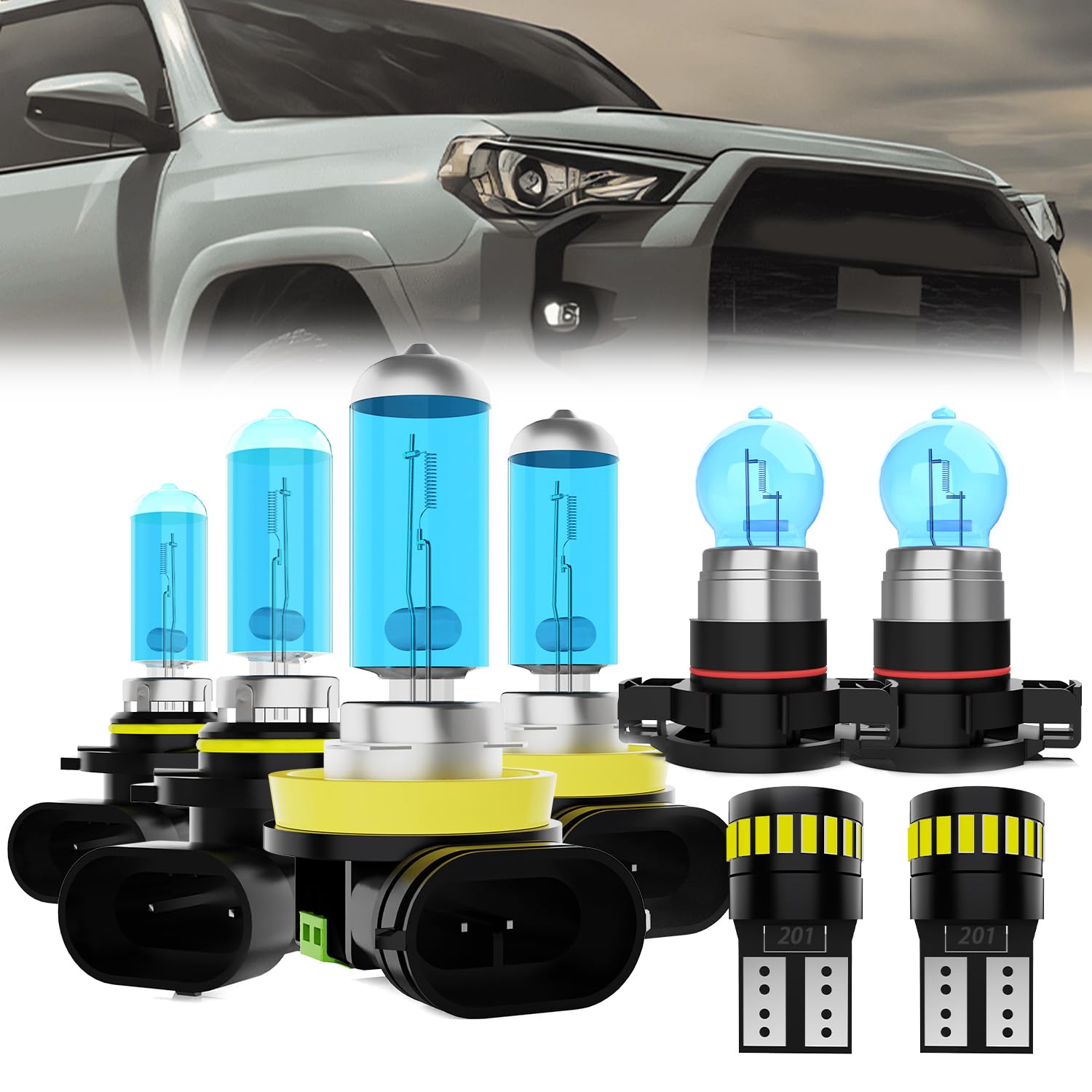 Headlight Bulbs License Plate Lights Fit For Toyota 4Runner 2014-2021, 9005 High Beam + H11 Low Beam + H16 Fog Lights Halogen Bulb + License Plate Lights, 6000K White, Pack of 8