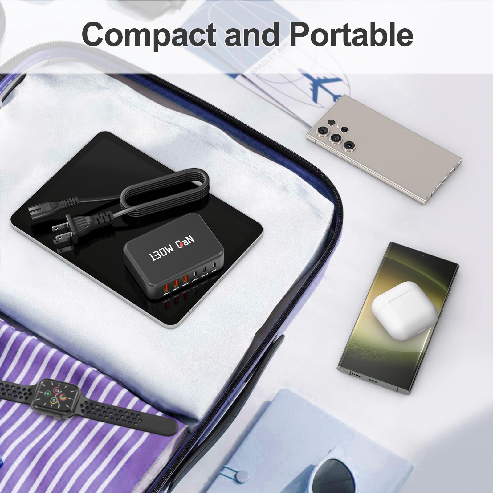USB C Schnellladeblock, 130W 6 Port GaN Ladestation mit PPS Typ C Wandladegerät kompatibel mit Samsung Galaxy Z Flod7/Flip 7/Galaxy 23 Ultra/22+/21/,iPhone 16 15, 1,5 m Kabel, Schwarz