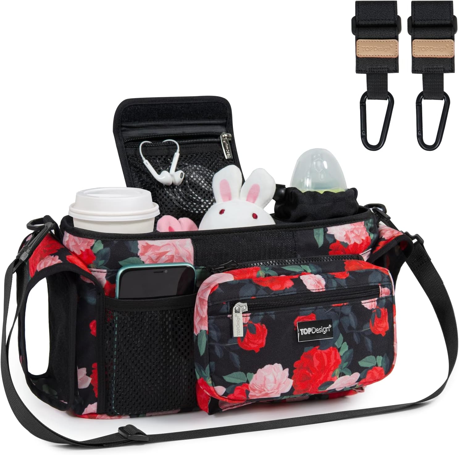TOPDesign Universal Baby Stroller Organizer, Stroller Caddy with Heightened Insulated Cup Holders & Non-Slip Secure Hooks Accessories, Fits Most Strollers, Machine Washable (Chinese Rose)