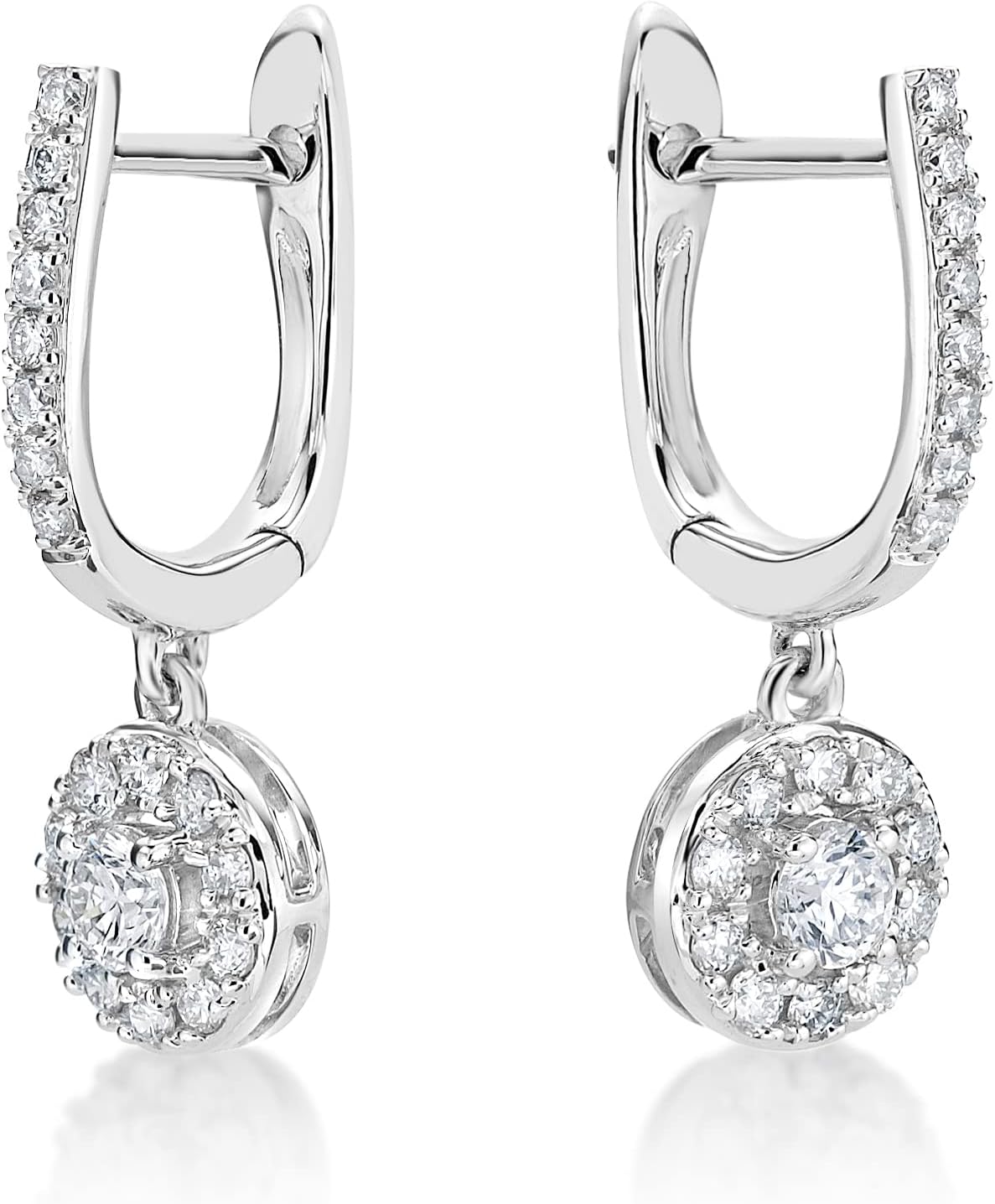 1/2 to 1 Carat Lab Grown Diamond Round Halo Dangle Earrings for Women in 14k White Gold (G-H, VS2-SI1, cttw) Hinged Hoop by Lavari Jewelers