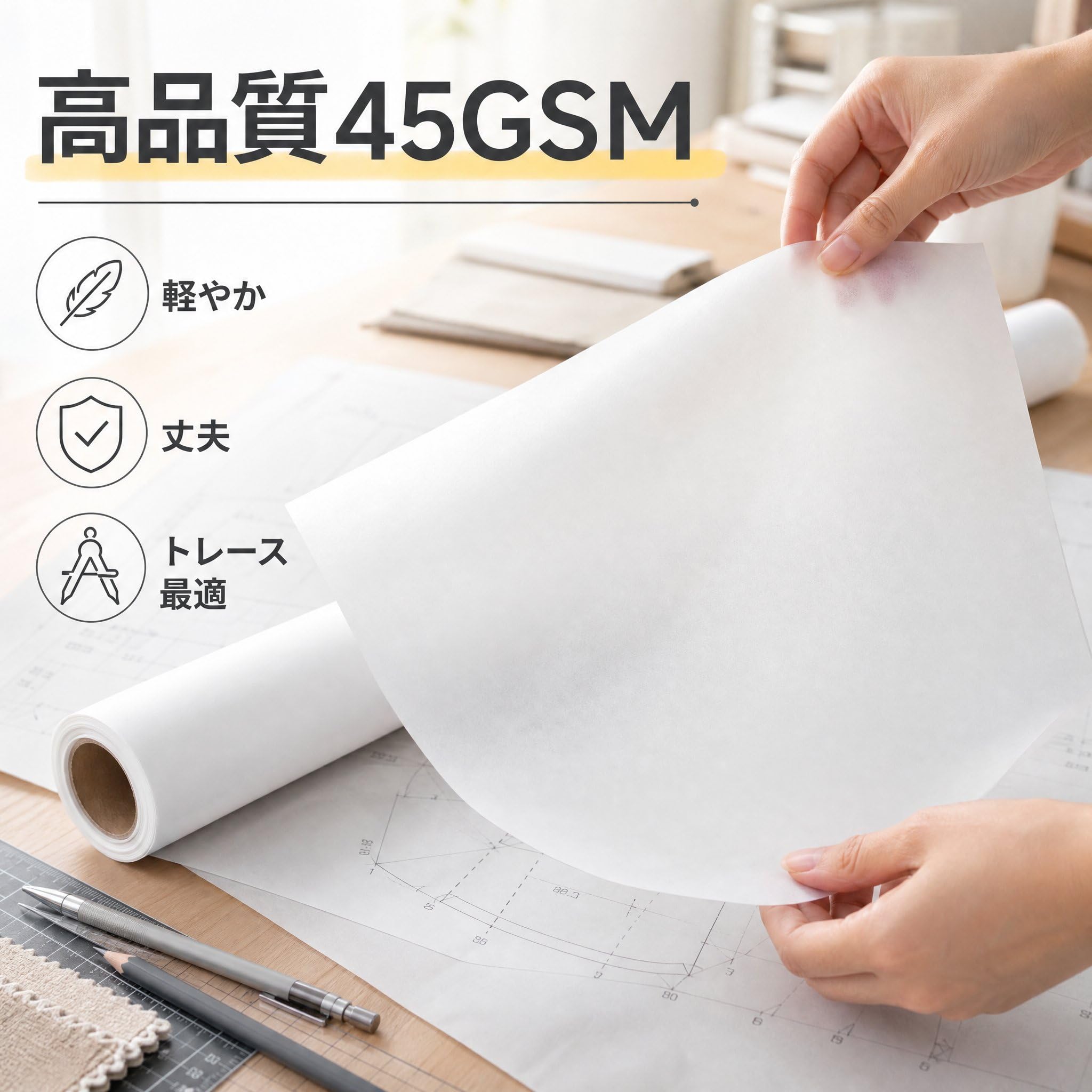 Okiyakusama Rotolo Carta Semi-Trasparente per Cartamodello, 45, per abbigliamento, 1.2m x 10m