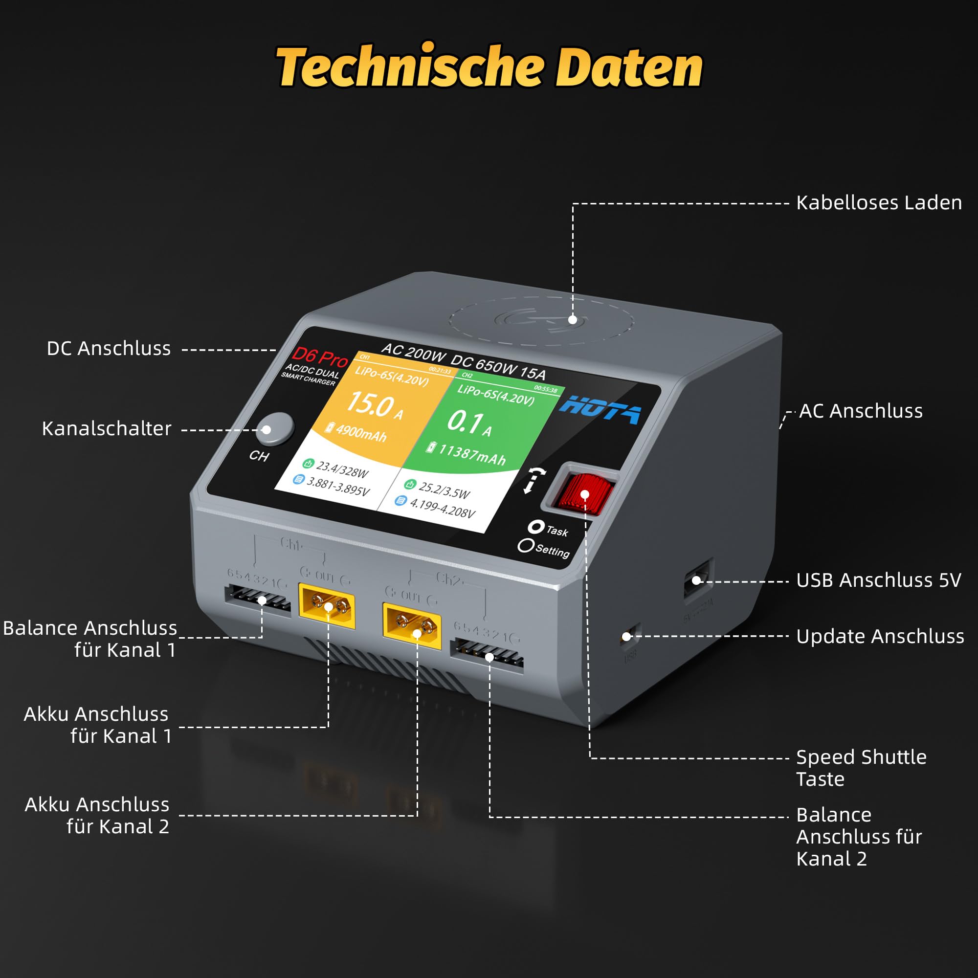 HOTA D6 Pro RC Akku Dual RC Ladegerät, AC200W DC 325W, 15A, Balance Ladegerät zum Laden von RC LiHv, Nicd und NiMH Akkus, RC Auto, RC Boot, FPV Renn Drohnenteilen