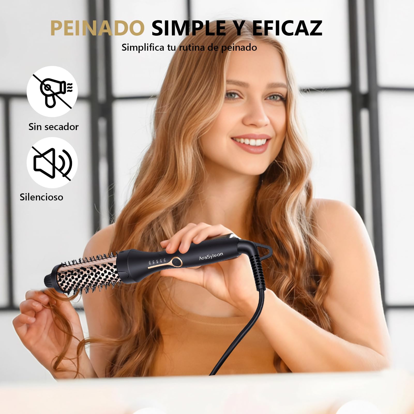 AraSylen Cepillo Térmico con Tecnología de Iones | Cepillo Eléctrico para el Pelo | 38mm, 5 Niveles de Temperatura (120-200°C) | Cerámica-Turmalina, Calentamiento en 30s | Cepillo Redondo Eléctrico