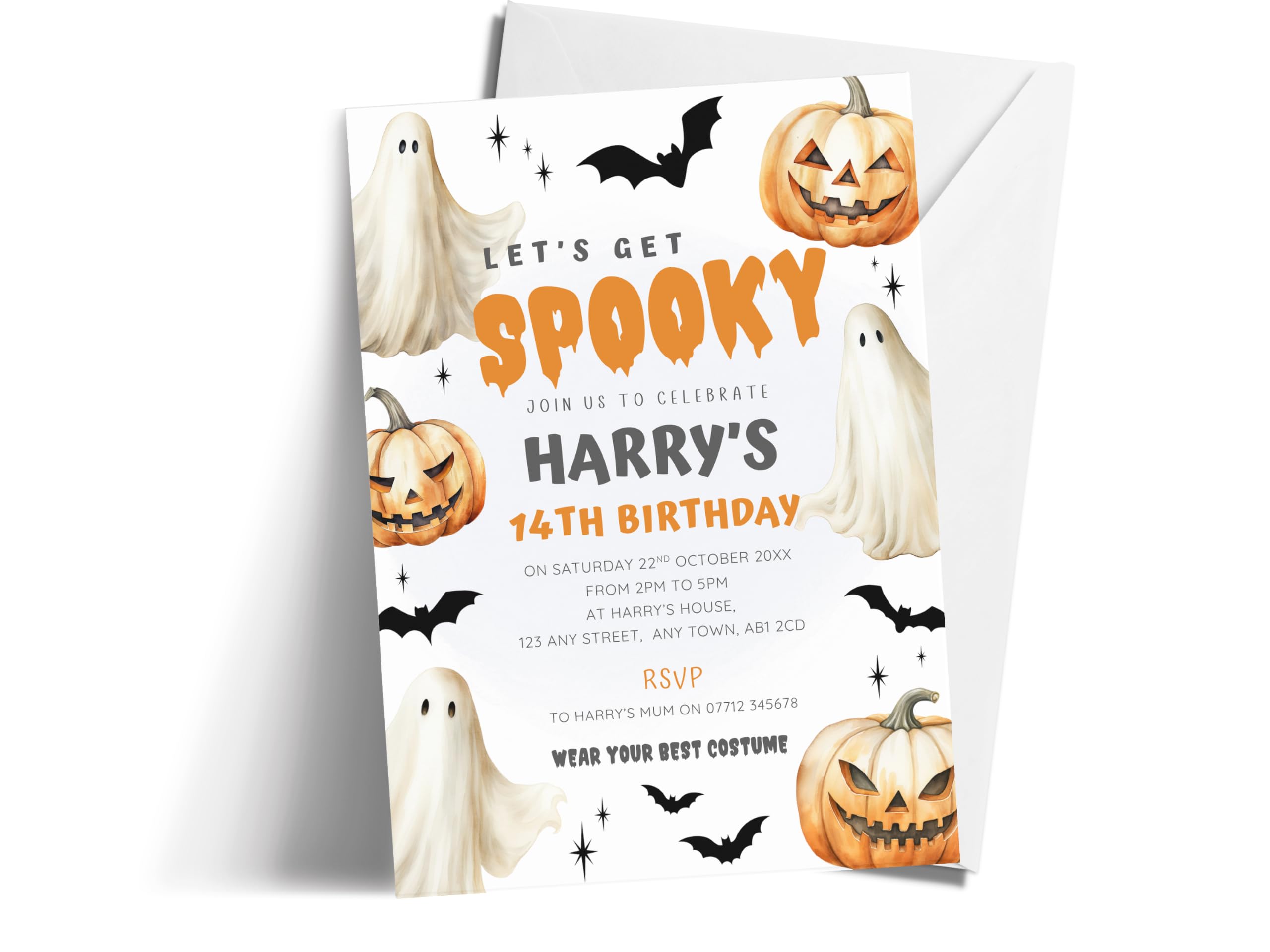Personalised Halloween Birthday Party Invites x 10, Teen Fancy Dress Ghosts