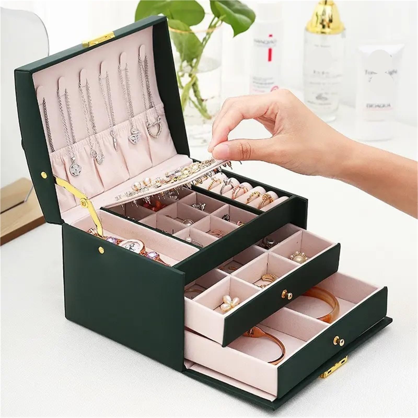 Caja Para Joyas 1 Uds. Caja de joyería multifuncional tres capas cuero estilo cajón, pendientes, cerradura, caja(White)