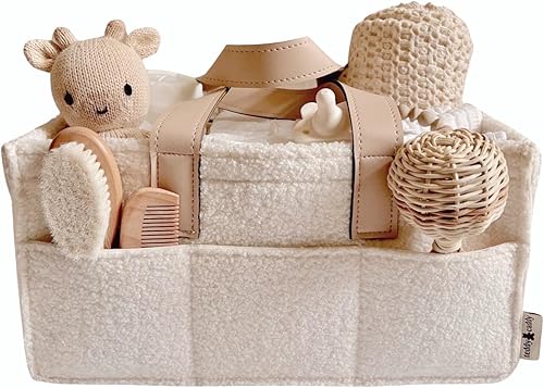 Miniatura 3 de Teddy Sherpa - Organizador de pañales color beige para pañales y artículos esenciales, para guardería neutra, cesta de almacenamiento de pañales