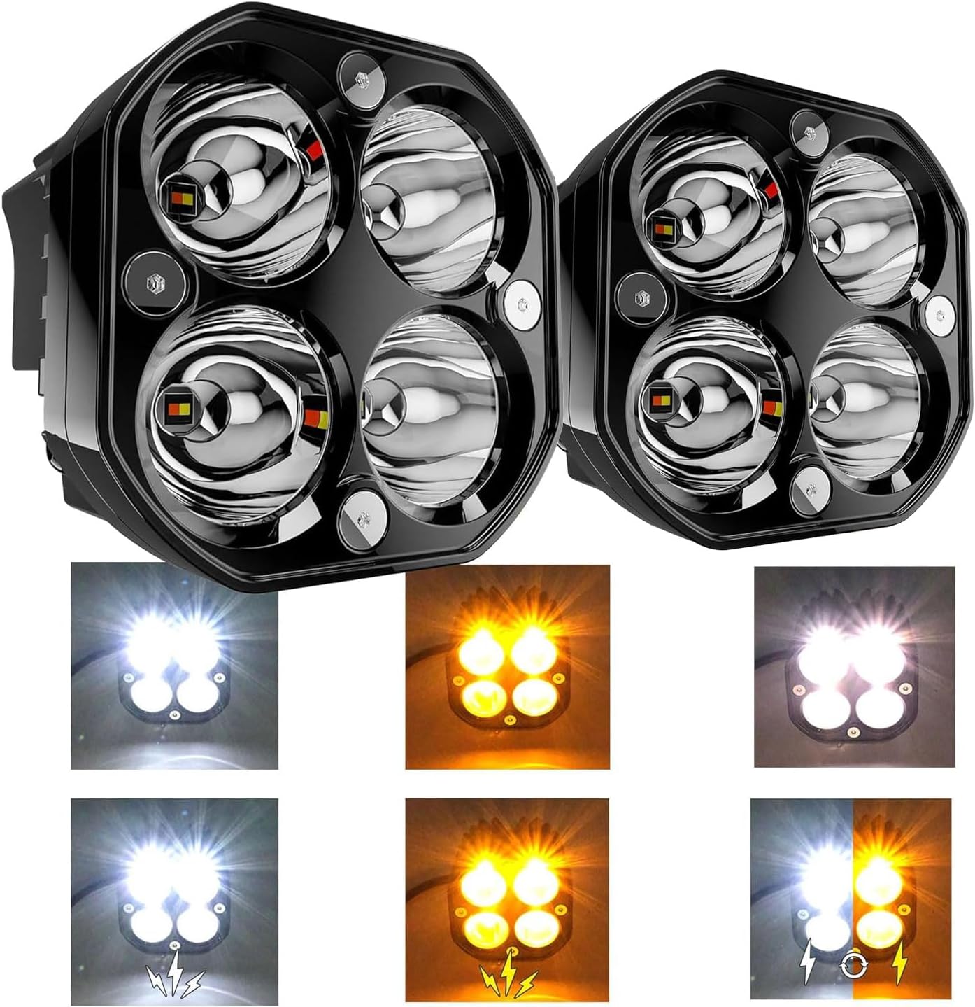 ASLONG 2PCS 3 Inch Spot LED White/Amber Flasing Strobe Pods with Six Modes Square Cube Fog Lights Bumper Work Lights with Switch Wiring Harness for Offroad Truck 4WD SUV ATV UTV