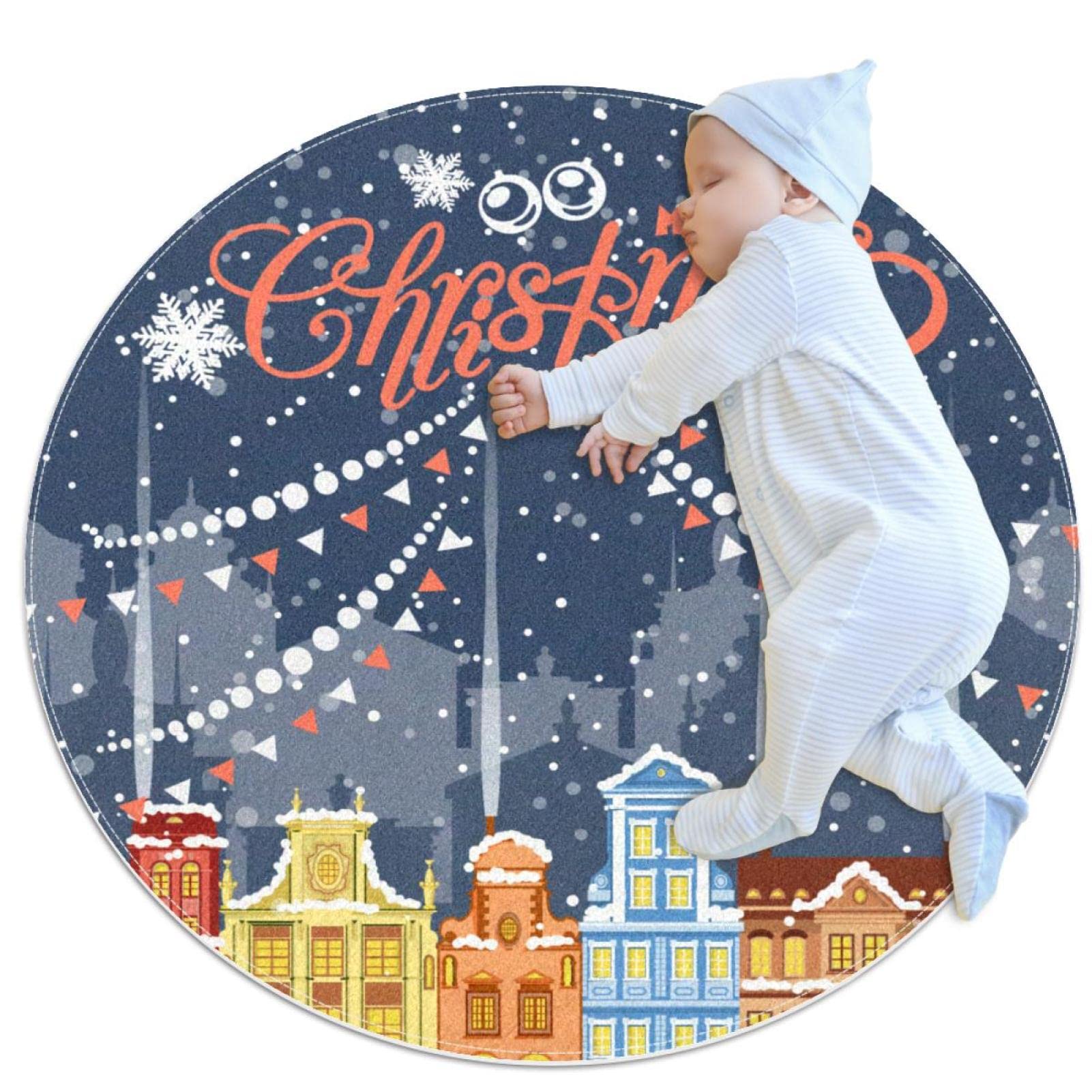 Tapis rond de Noël pour salon et chambre d'enfant paysage festif 100cm