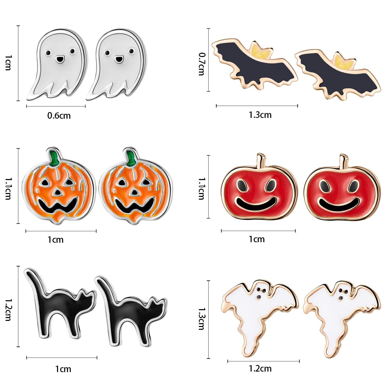 Juego de 6 pares de aretes de Halloween, incluye calabazas, gatos negros, murciélagos, aretes de fantasma para Halloween, Acero inoxidable, Acero inoxidable 2