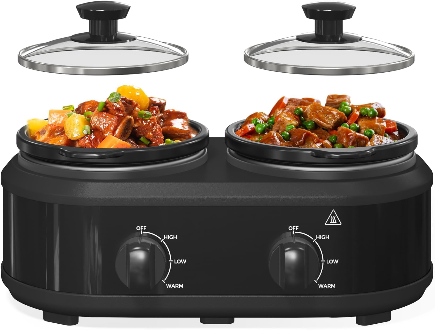 Double Slow Cooker, 2 x 1.25 QT Portable Small Double Can Cooker, Buffet Servers and Heaters Dishwasher Safe, Removable Glass Ceramic Lid, Stainless Steel, Black