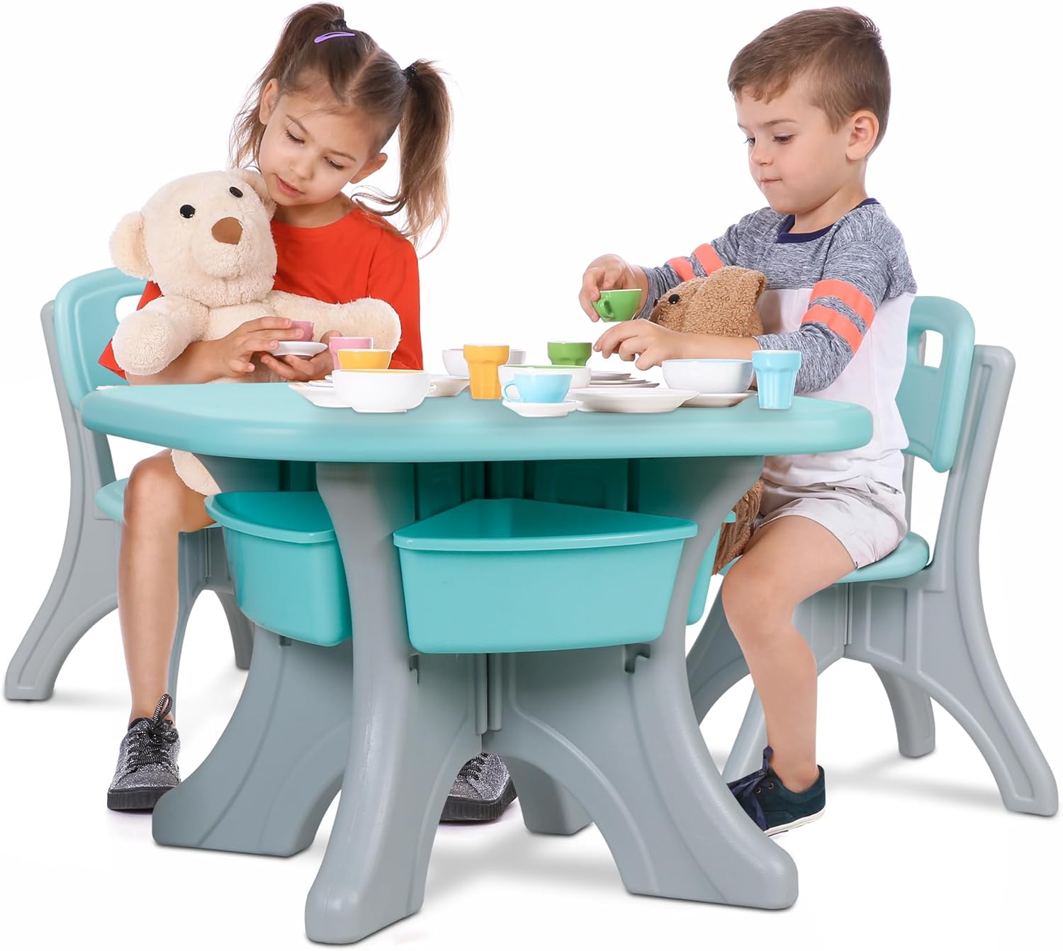 SUPER DEAL Kids Table and Chairs Set 3 Piece Plastic Children Activity Table with 4 Detachable Toy Storage Bins for Arts, Crafts, Snack Time and More, Safety Round Corners, Green