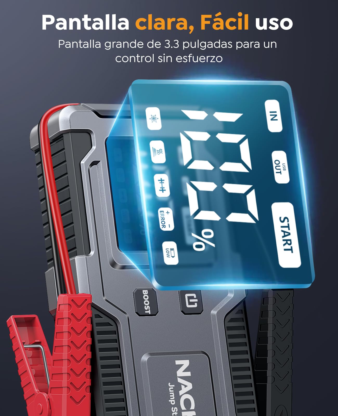 Arrancador de Coches 8000A, Arrancador de Baterías de Coches 12V (para 9.0L de Gasolina o 7.0L de Diésel) Jump Starter con Cables Integrados, Linterna LED de Emergencia, Espera Larga, Carga Rápida