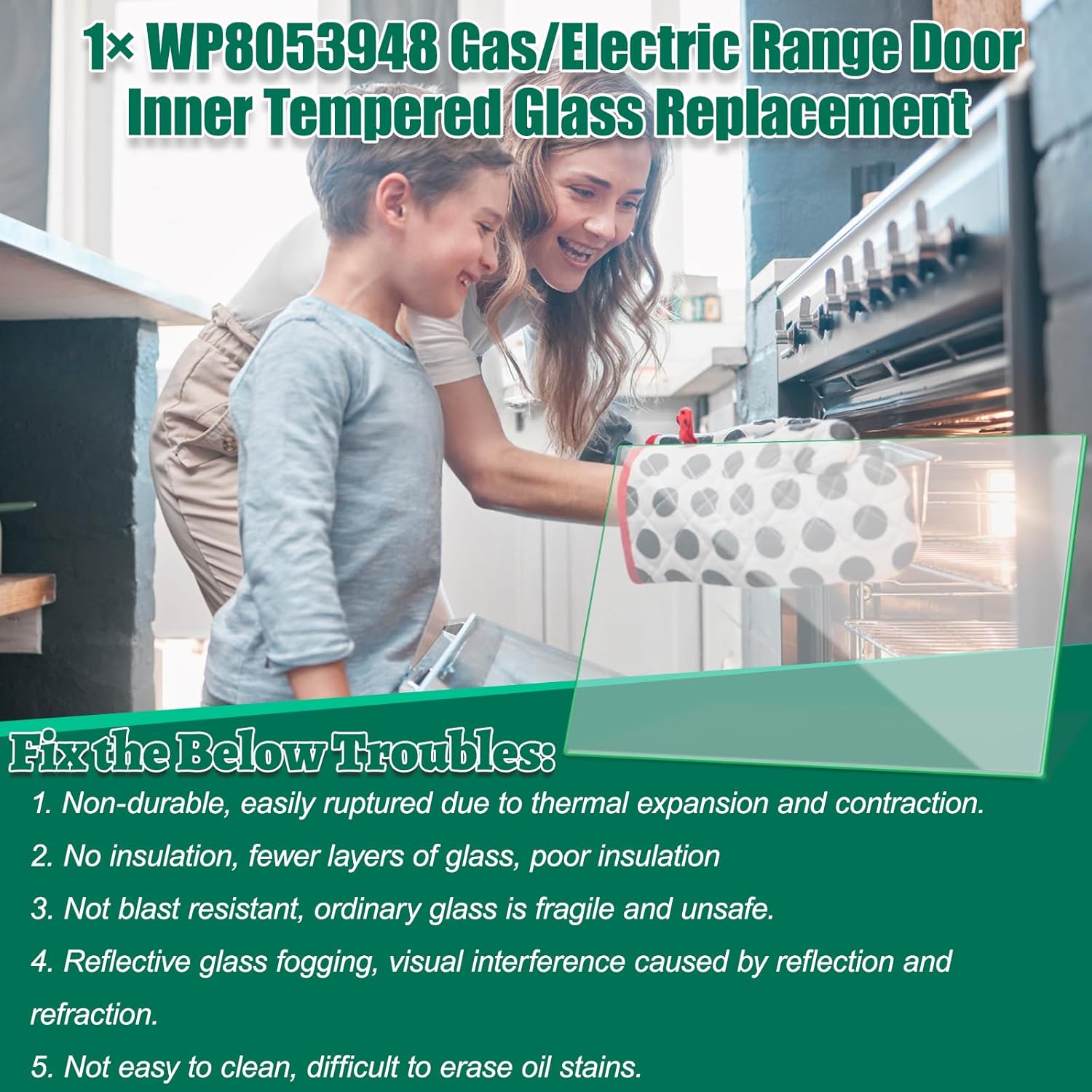 Upgraded WP8053948 Gas/Electric Range Door Inner Tempered Glass Replacement Compatible with Whirlpool Oven Stove FGS326RD0, FGS326RD1, GR440LXLB0, GR440LXLC0, Microwave Combo Replacement Parts