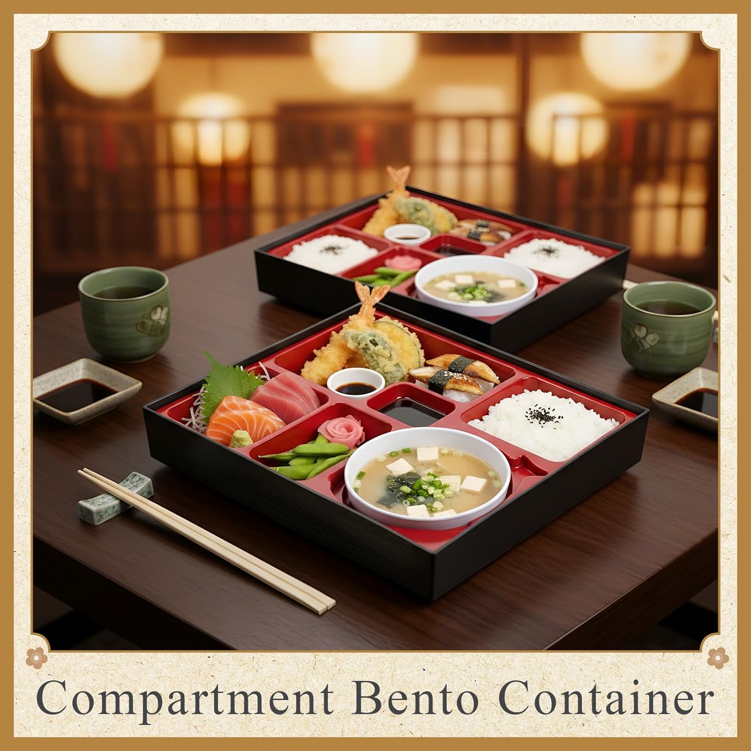 2 Pcs 12 x 9.5 x 2.2 Inch Japanese Lunch Box 6 Compartments and Bowl Divided Bento Box with Greaseproof Adult Japanese Bento Lunch Container Sushi Home Restaurant