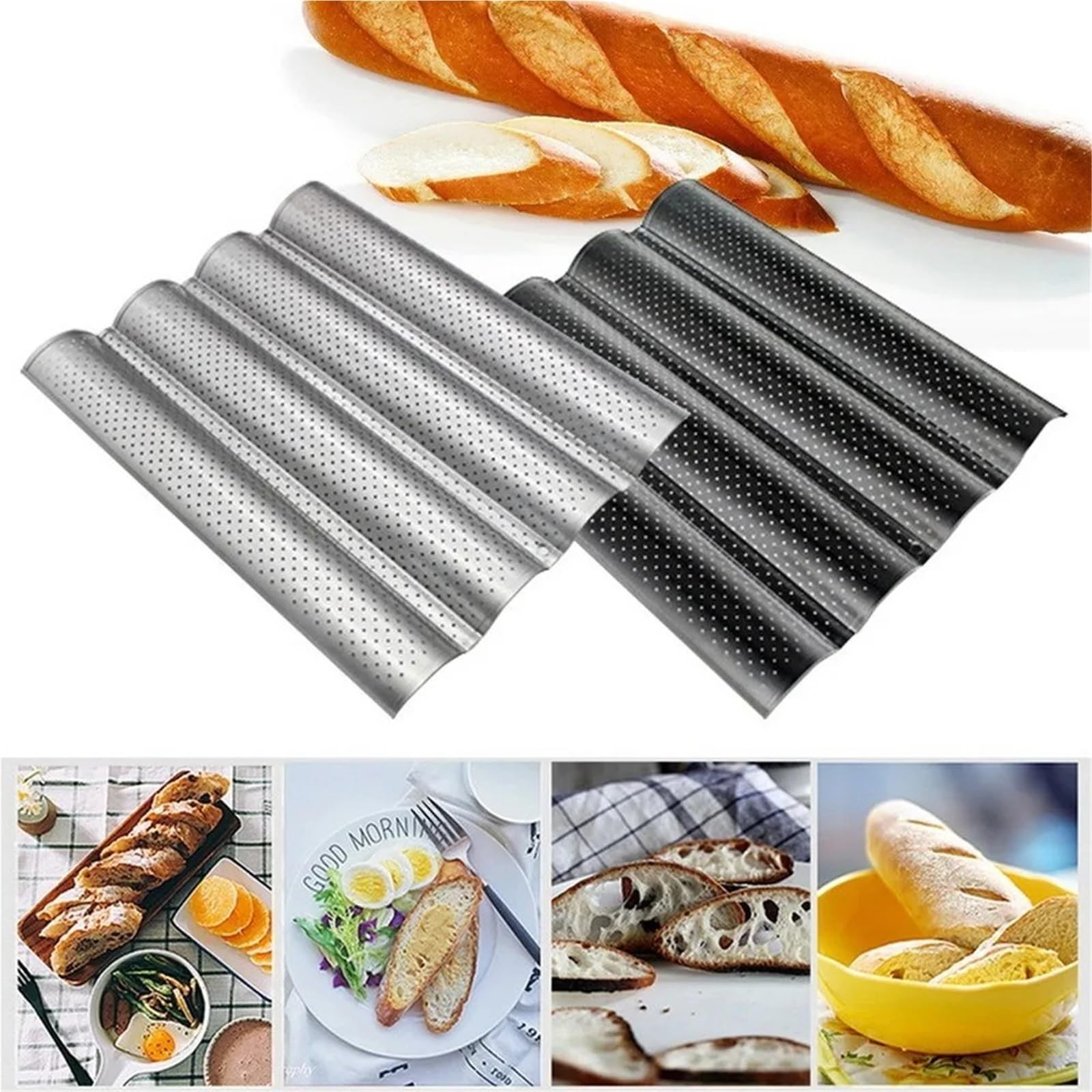 Molde antiadherente perforado for hornear pan francés, de acero al carbono, for baguettes 4 ondas, bandeja cocina(Silver 3)