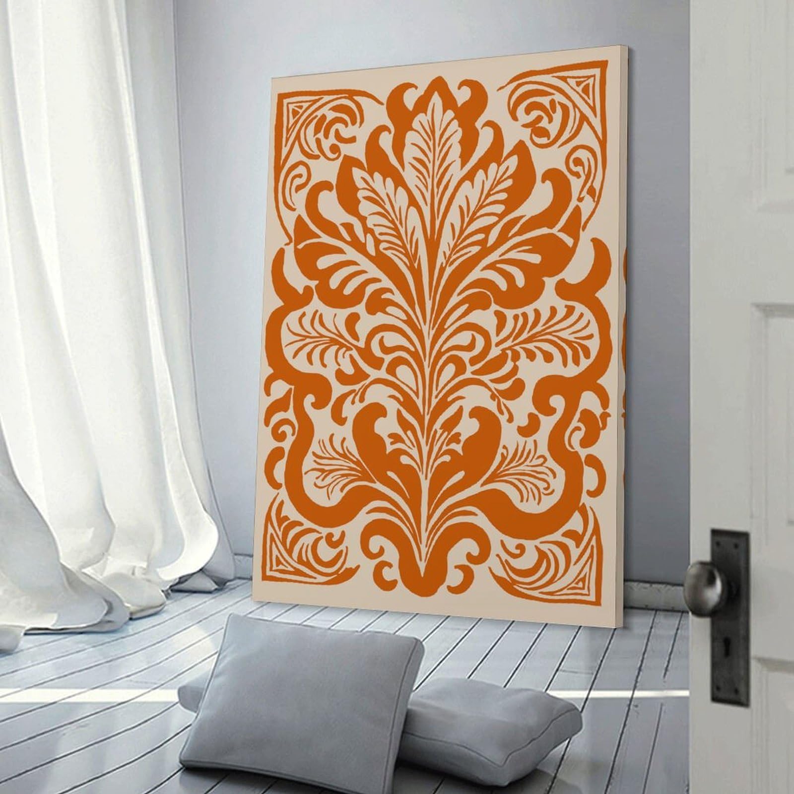 Junmoney Wall Decor Canvas Print Orange Damask Floral Pattern, 24x36inch(60x90cm), for Front Hall, Corridor Or Welcome Spaces, A Neat Decor Update for Hallways