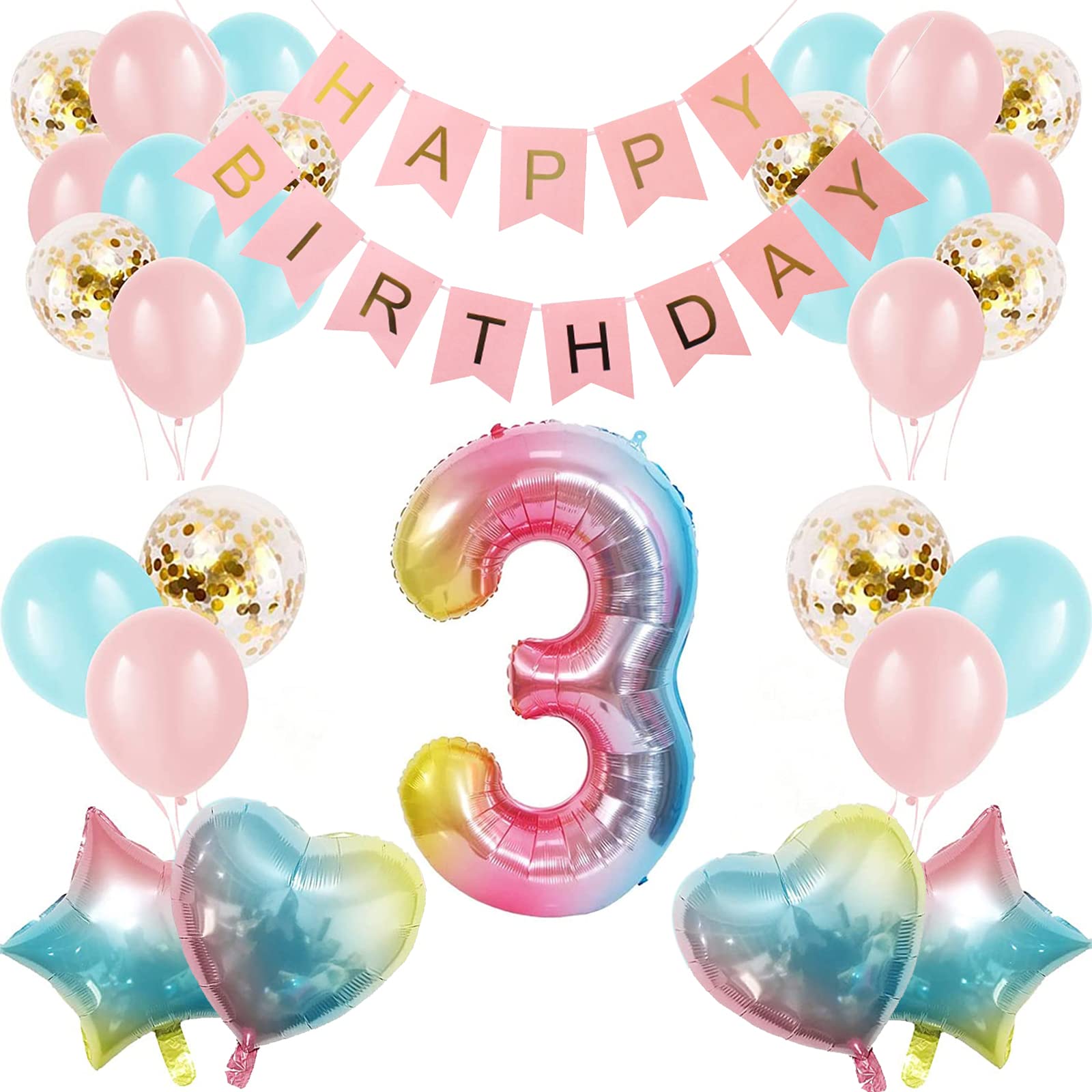Girl 3rd Birthday Decorations Gradient Color Age 3 Balloon Arch Kit with 40 inch Number 3 Foil Balloon Happy Birthday Banner & 28 Latex Balloons for Third Birthday Party (3rd Birthday Balloon Set)