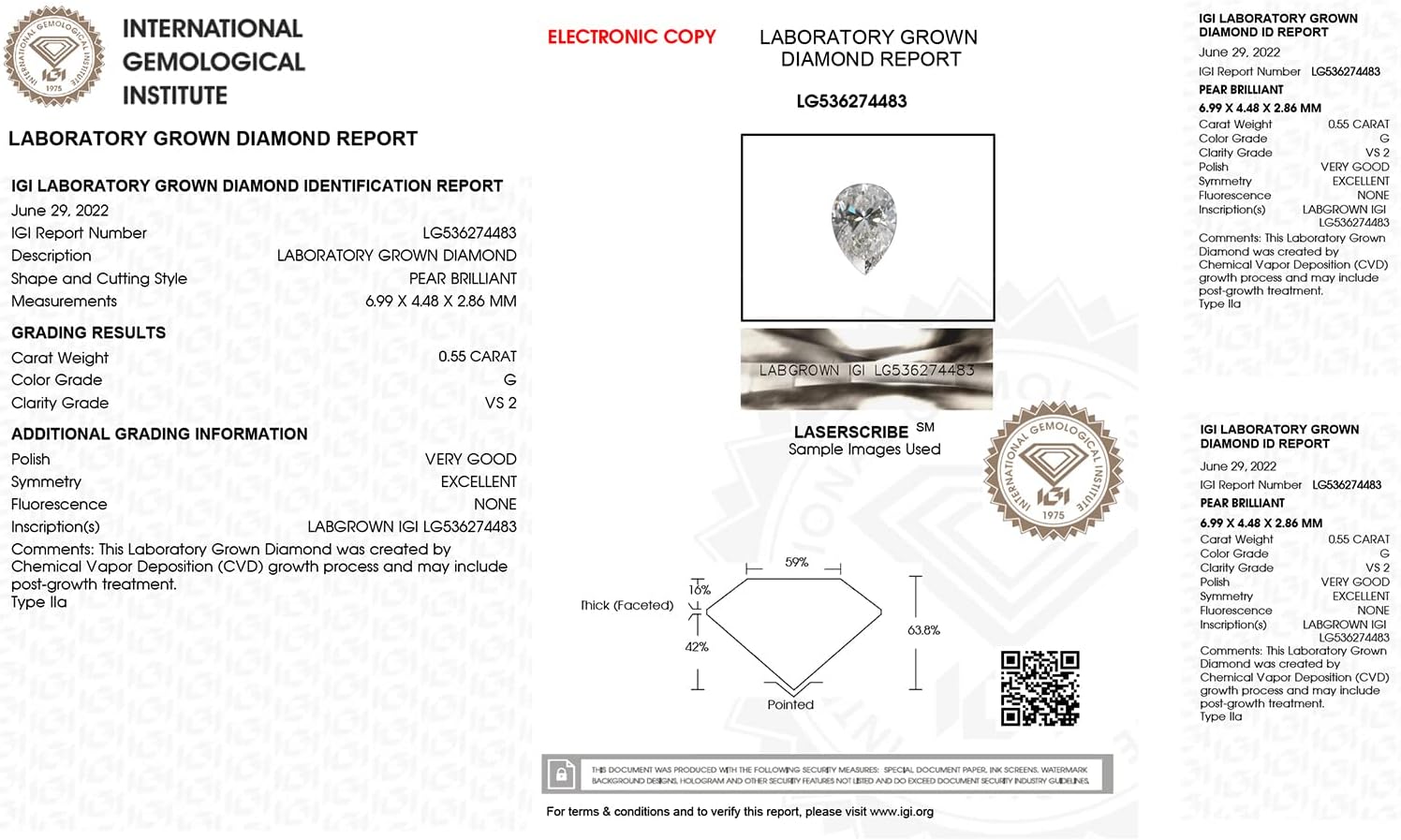 IGI Certified Laser Inscribed Loose Pear Brillant Cut Lab Grown Diamond (0.51ct, VS-SI G-H) For Engagement Ring, Pendant, Necklace, Earring