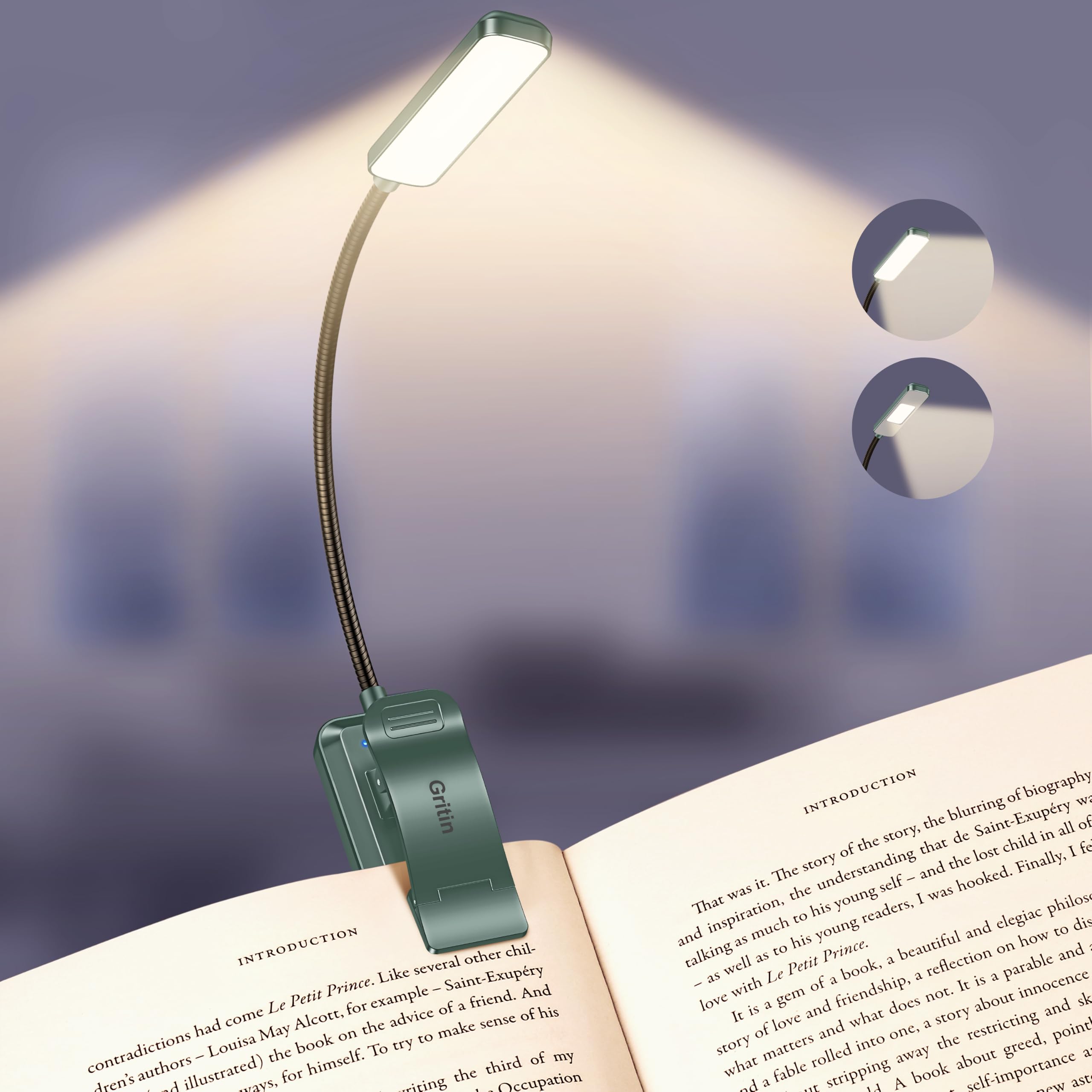 Gritin 2026 Gen 2 Book Light for Reading- 30 Eye Caring Full Spectrum LED, 5 Colors & 5 Brightness, Adjustable Wide/Narrow Beam, Upgrade 1500mAh Long-Lasting Rechargeable Lamp Clip-Light Forest Green