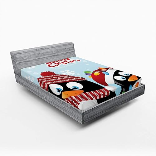 Lunarable Christmas Fitted Sheet Set, Penguins Wishing Happy Xmas Snowflake Background Arctic Animals Print, Bed Cover with All-Round Elastic Deep