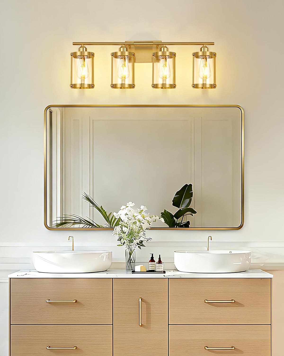 4-Light Brushed Gold Bathroom Light Fixtures, 29 Inch Modern Bathroom Vanity Lighting Fixtures Over Mirror with Clear Glass and Metal Cage Wall Sconce Lights for Bath, E26, OS-3014BG-4W