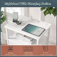 Vista 4 de Nightstand with Charging Station,LED White Nightstands with 5 Fabric Drawers PU Finish, Bedside End Tables, 2-Tier Open Storage Shelf Side Table