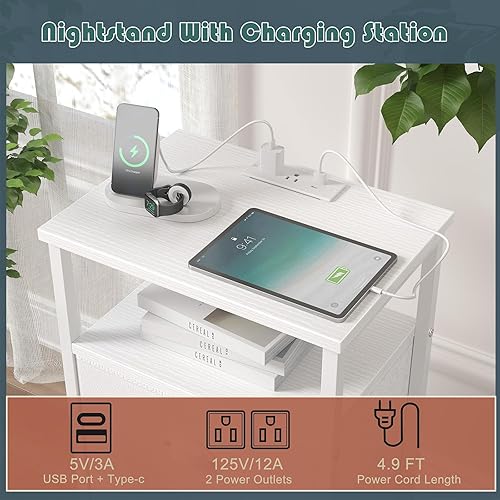 Miniatura 4 de Mesita de noche con estación de carga, mesitas de noche LED blancas con 5 cajones de tela, acabado de poliuretano, mesas auxiliares de 2 niveles,