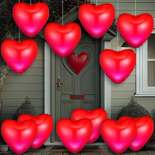 Jetec 12 piezas de corazón inflable de 9 pulgadas para el día de San Valentín, decoración al aire libre con luces LED, PVC, San Valentín, corazón al