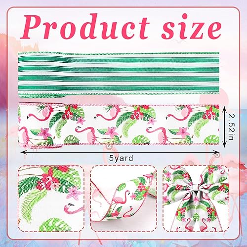 Miniatura 2 de Threetols 2 rollos de cinta con borde de alambre de flamenco de 10 yardas, cinta de arpillera a rayas verdes y verdes de 2.5 pulgadas, cinta de