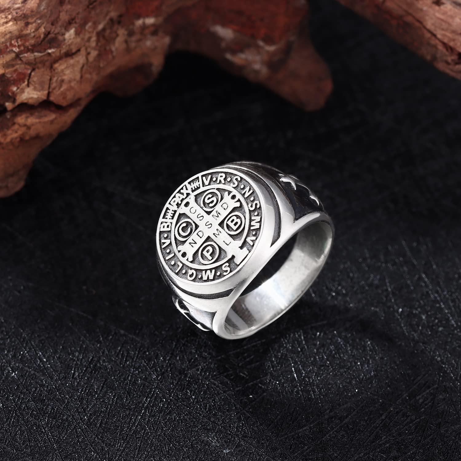 Anello con Sigillo in Argento Sterling 925 Anello Uomo Anello di San Benedetto Croce Anello Amuleto Religioso Religioso Regalo Gioielli Fede Cristiana per Uomo Donna