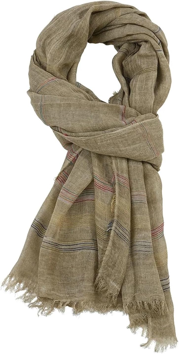 Scarf Fashion Men Scarf Cotton Linen Yarn-Dyed Striped Men's Scarves Tassel Long Shawl Autumn Winter Scarf for Men and Women(Khaki)