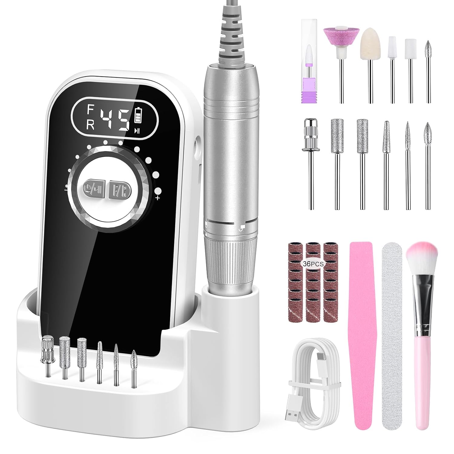Nail Drill 45000RPM Cordless Electric Nail File Manicure Kit,White
