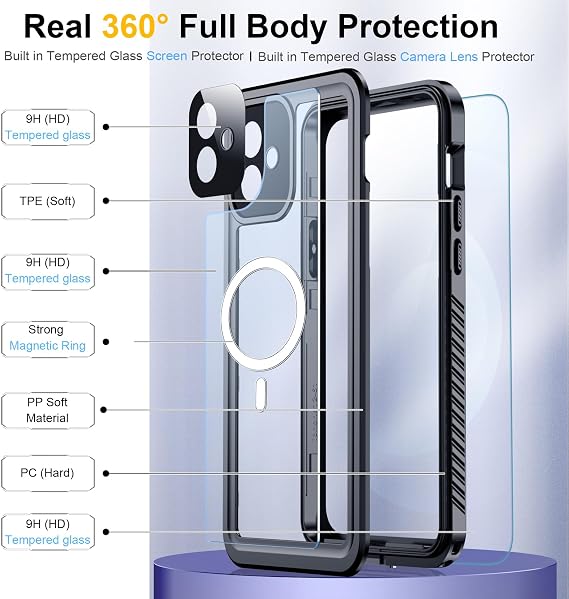 Magnetic for iPhone 12 Case Waterproof-Black