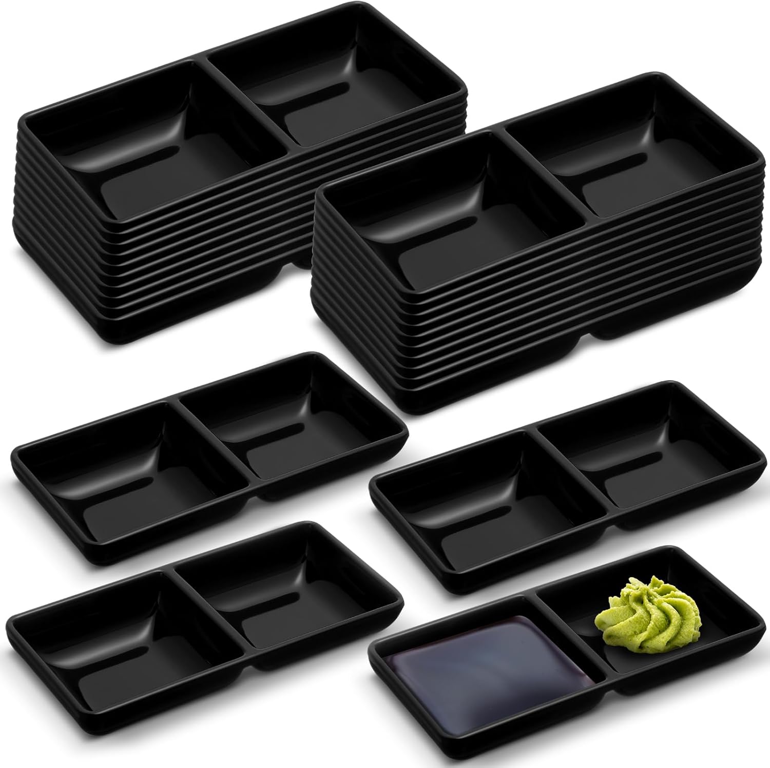 Gejoy 24 Pcs Dual Dipping Sauce Bowls Soy Sauce Dish Bowls Two Compartments Party Trays Divided Fondue Plates for Restaurant Kitchen Sushi Soy Sauce, Black