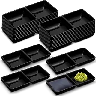Gejoy 24 Pcs Dual Dipping Sauce Bowls Soy Sauce Dish Bowls Two Compartments Party Trays Divided Fondue Plates for Restaurant Kitchen Sushi Soy Sauce, Black