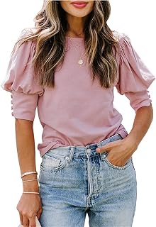 Puff Sleeve Summer Clubwear T Shirts Womens Soft Hawaiian Solid Slimmin Undershirt Crew Neck Buttons Undershirt Women