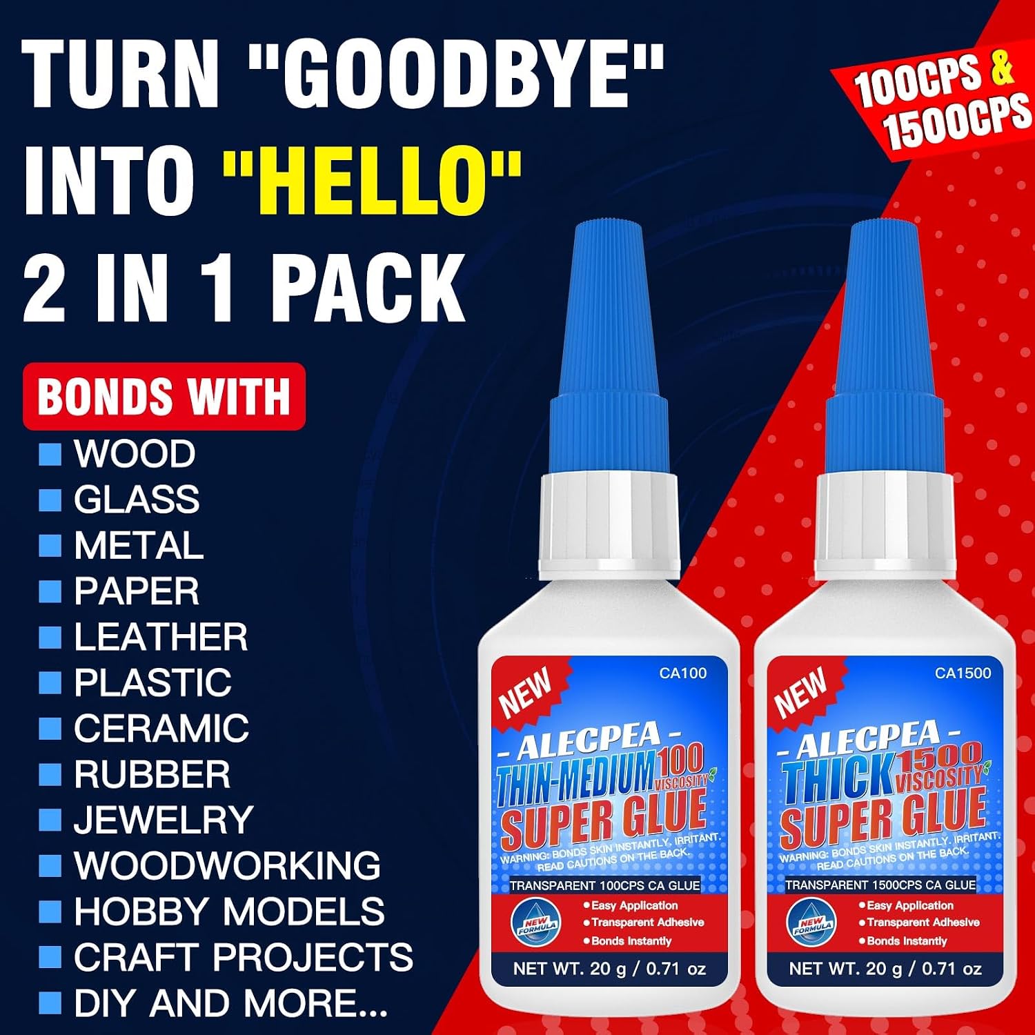 40g(1.4oz) 100/1500 CPS (Thin/Thick) CA Glue, Cyanoacrylate Super Glue for Wood, Glass, Metal, Paper, Leather, Plastic, Ceramic, Rubber, Jewelry, Woodworking, Hobby Models, and Craft Project