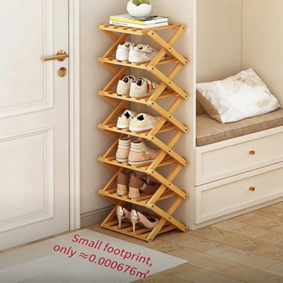 The 9-Tier No-Assembly Bamboo Rack, 9 Tier Bamboo Shoe Rack, Tall Narrow Accordion Shoe Racks, Foldable Vertical Organizer for Entryway, Closet, Bedroom, Small Spaces (Brown,3 Tier)
