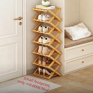 The 9-Tier No-Assembly Bamboo Rack, 9 Tier Bamboo Shoe Rack, Tall Narrow Accordion Shoe Racks, Foldable Vertical Organizer for Entryway, Closet, Bedroom, Small Spaces (Brown,3 Tier)
