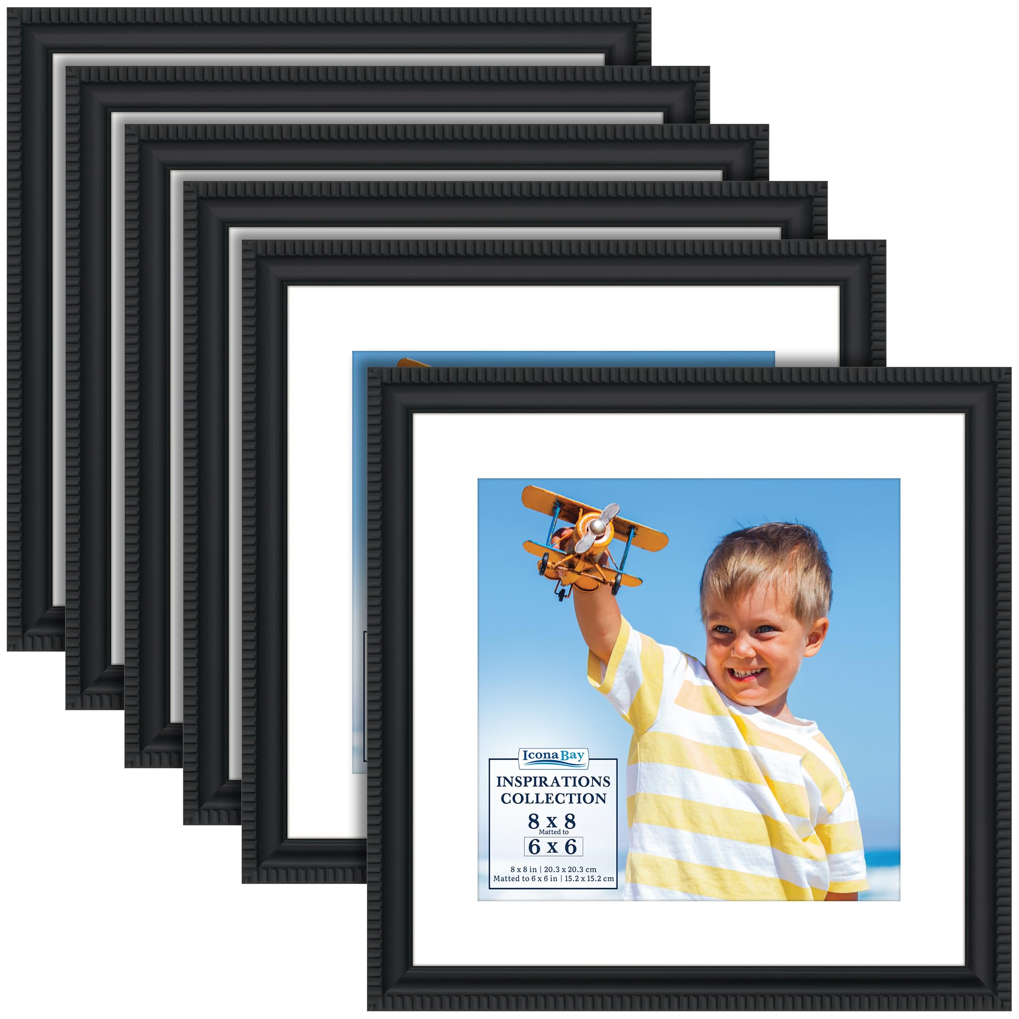 Icona Bay - 8x8 Picture Frames with Removable Mat for 6x6 Photos - Black, 6 Pack - Beautifully Detailed Molding - Contemporary Picture Frames - Wall Mount or Table Top - Inspirations Collection โ image 1