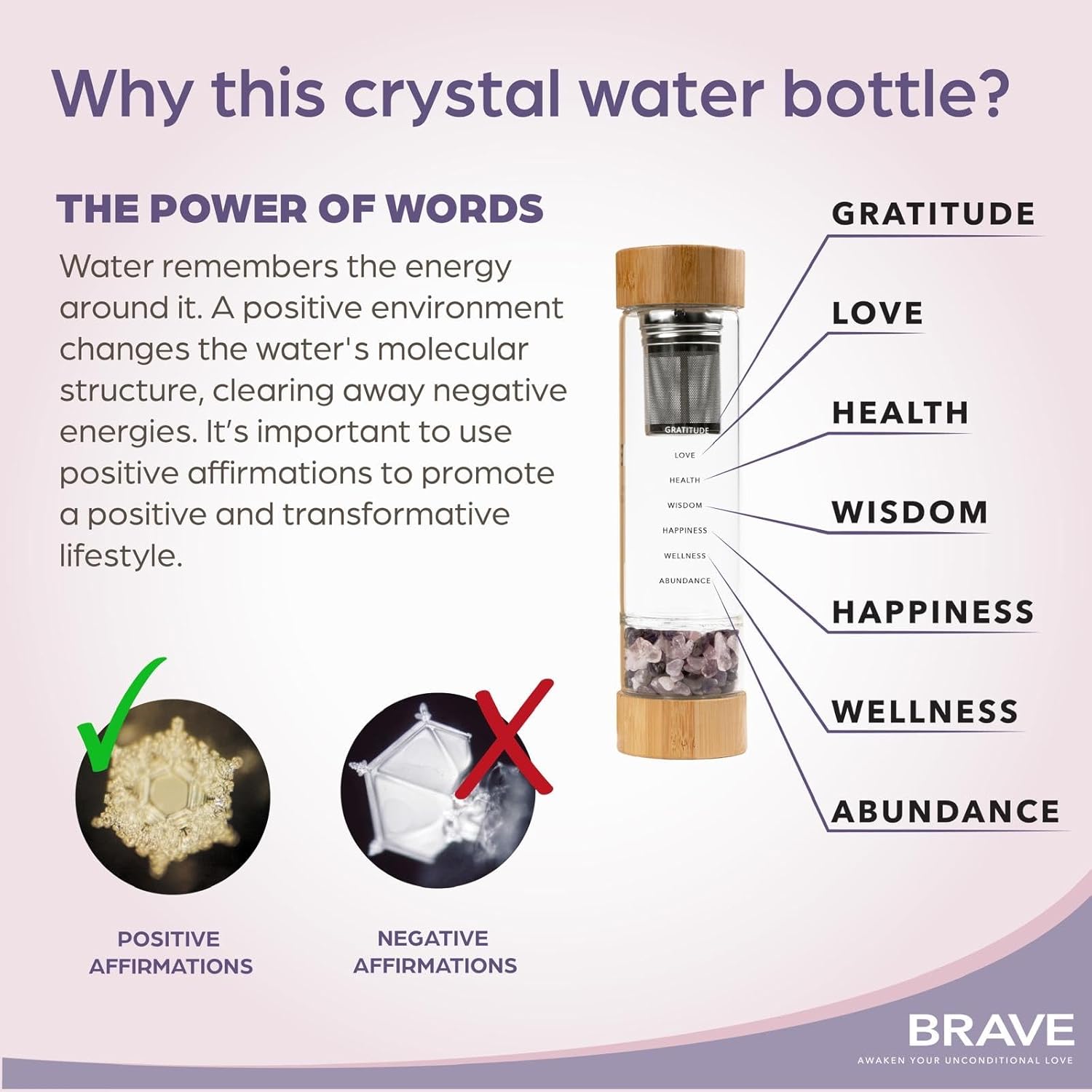 Crystal Water Bottle with Tea Infuser & Healing Crystals – Eco-Friendly Glass Bottle with Bamboo Lid – Amethyst & Rose Quartz Gemstone Elixir – Reusable Gift for Women & Men