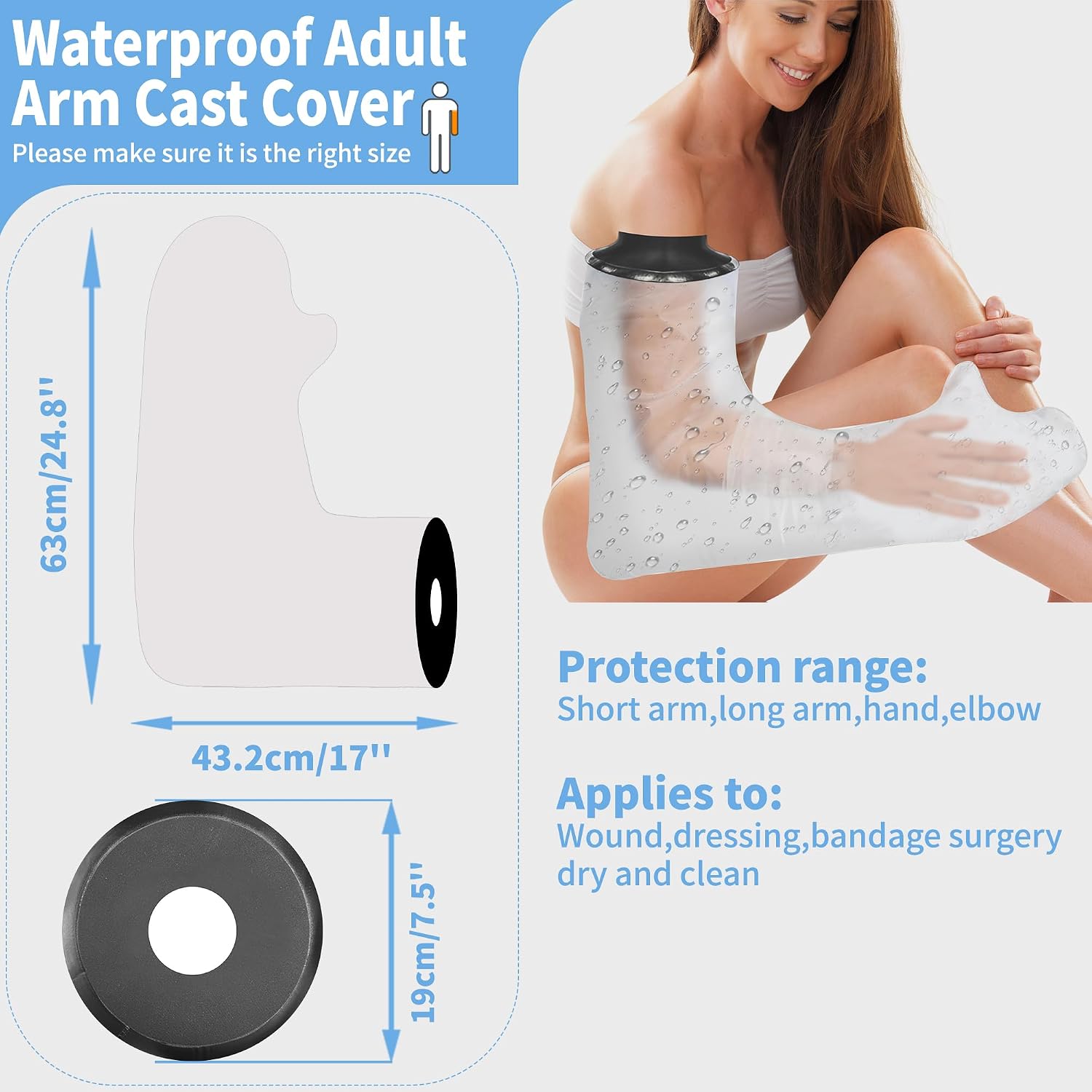 Arm Cast Cover for Shower Adult, KT1201 Waterproof Cast Shower Protector Full Arm Cast Covering After Surgery Watertight Cast Shower Bag for Broken Arm, Elbow and Hand Surgery, Splint and Bandage
