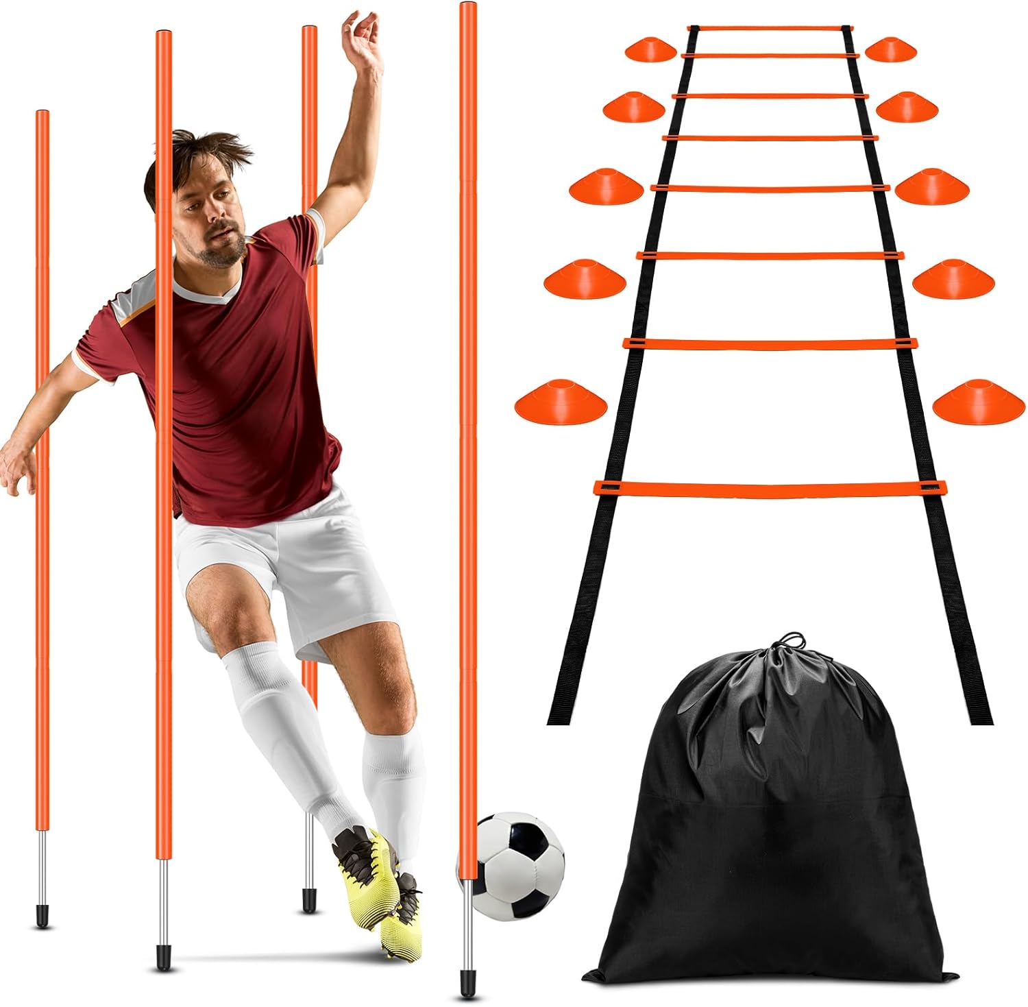 Agility Training Poles Equipment Soccer Training Equipment includes 4 Pcs 5ft Soccer Training Poles 13 ft Agility Ladder 10 Soccer Disc Cones with Black Bag for Speed Training