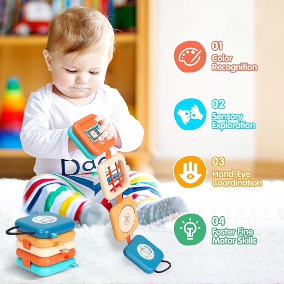 Montessori Busy Board Activity Cube - Travel Toys for Toddlers 1-3, Fidget Cube for Fine Motor Skills, Car Seat & Stroller Toys, Quiet Toys for Church/Airplane, 1st Birthday Gifts for Boy Girl