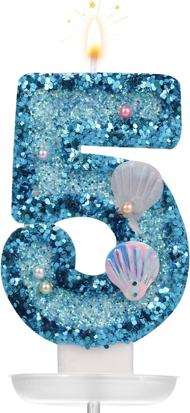 2.8inch Birthday Number Candle, Shell Sequins Number Candles Blue Glitter Number Candle Cake Numeral Candles for Birthday Anniversary Mermaid Themed Party (Number 5)