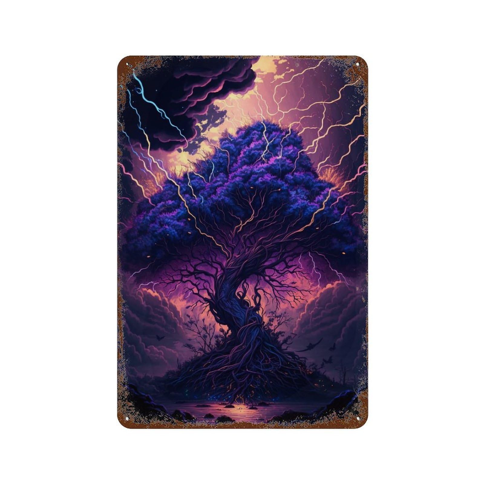 Enchanted Thunderstorm Tree 11.8"x7.9" Distressed Metal Wall Sign, Retro Wall Decor for Garage, Bar And Workshop Decor