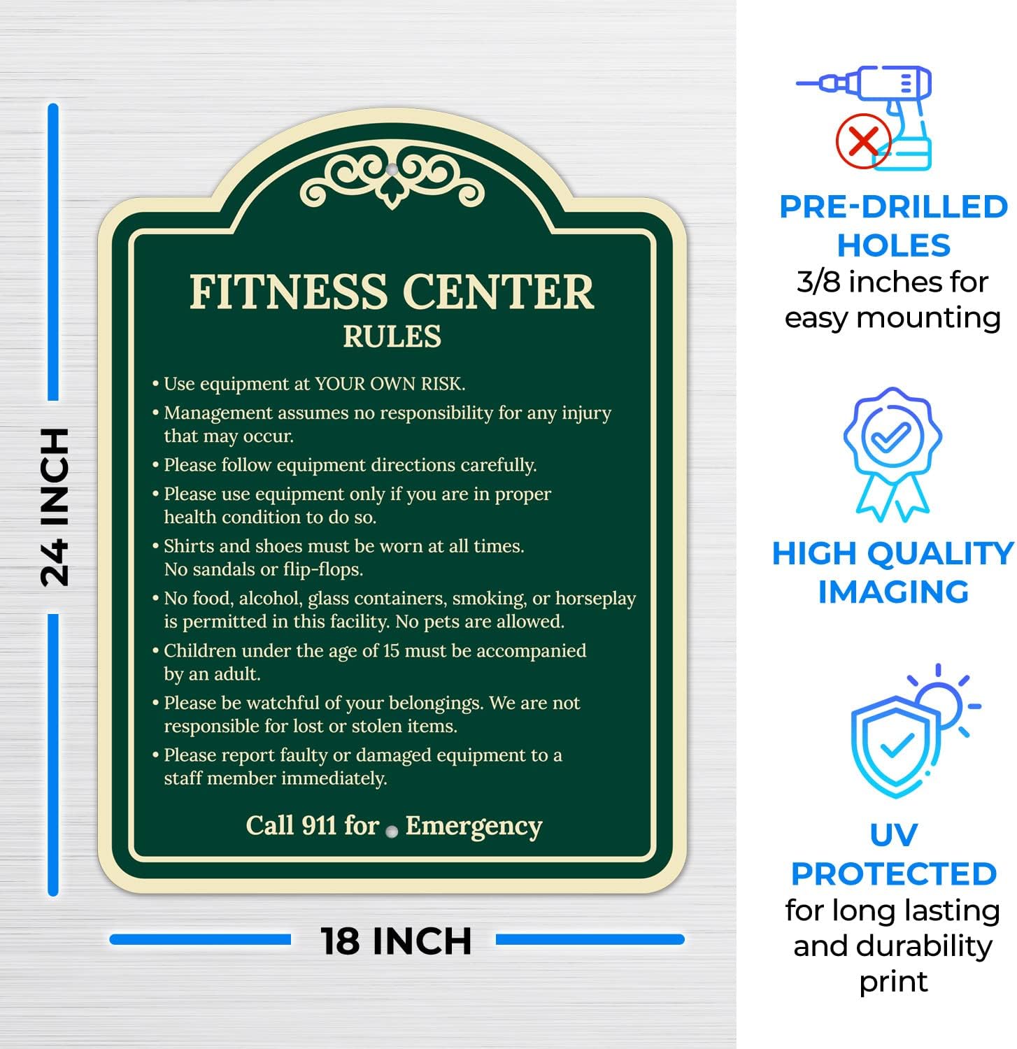 Fitness Center Rules Use Equipment at Your Own Risk Décor Sign, Green Dark, 18x24 Inches, ACM, Fade Resistant, Made in USA