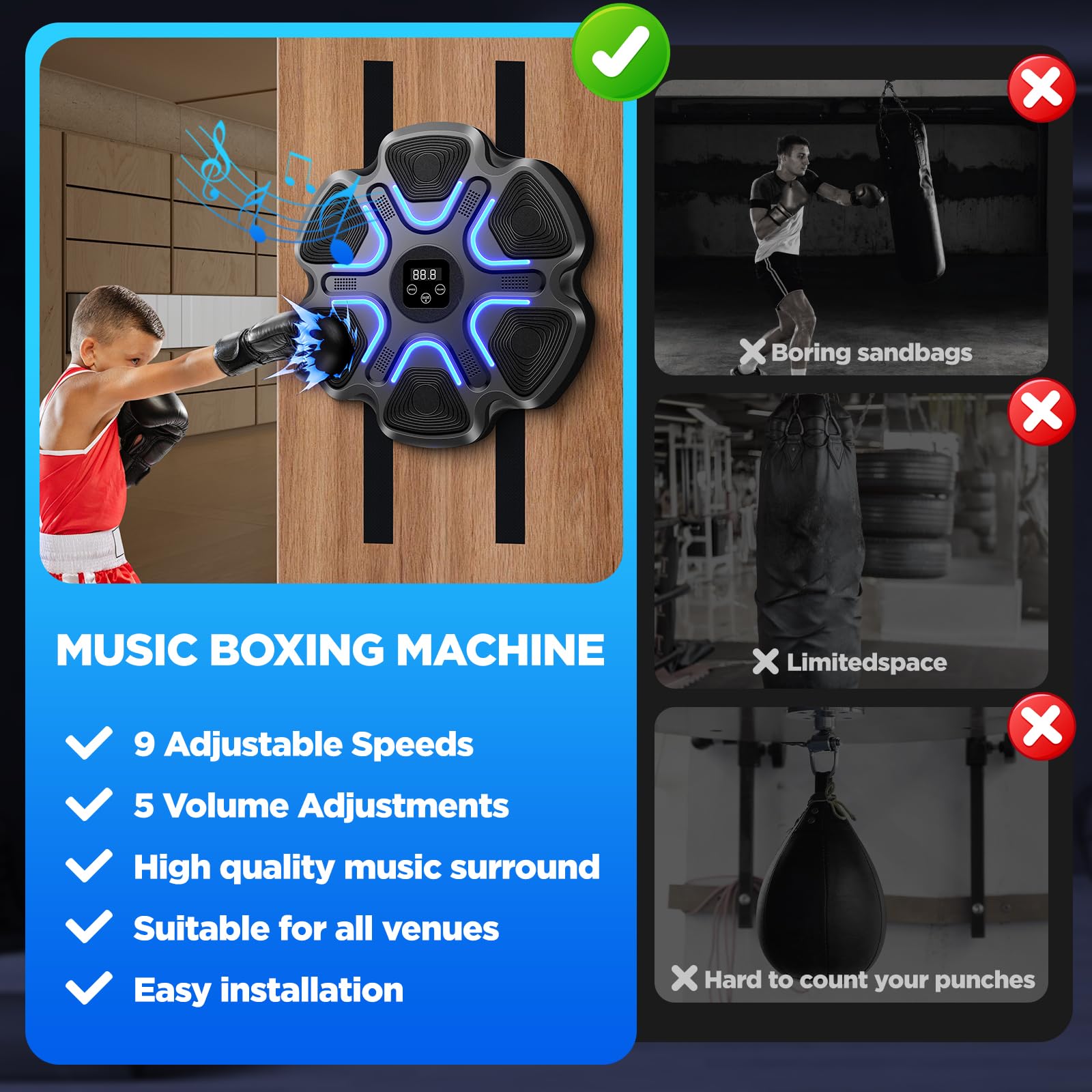 YORWHIN Music Boxing Machine für Kinder Erwachsene, Intelligente Bluetooth Boxautomat mit Boxhandschuhen, Wandmontierte Elektronische Boxmaschine mit 9 Geschwindigkeitsmodi für Zuhause Fitnessstudio